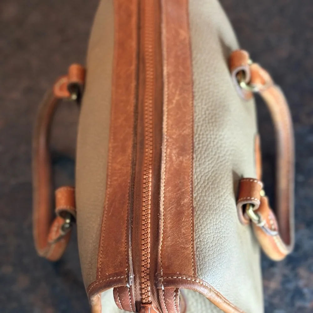 Vintage Dooney & Bourke Olive Green and Brown Leather Satchel with Brass Accents